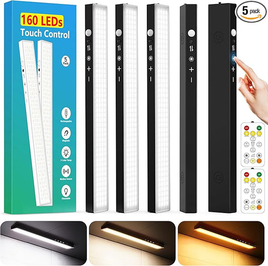 160LEDs Touch-Control Under Cabinet Lighting w/4000mAh Battery, Cordless Motion Sensor Under Counter Lights for Kitchen, Magnetic Rechargeable Closet Lights - 5Pack/Black, 2025 Fall