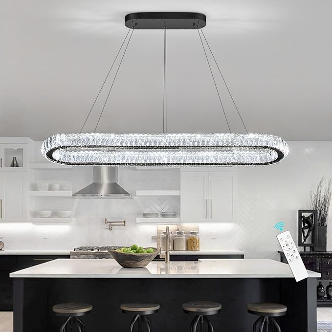 LED Oval Ring Chandelier Crystal Pendant Lighting for Dining Table Kitchen Island Remote Dimmable Hanging Light Chandeliers for Entryway Living Room Lights Black