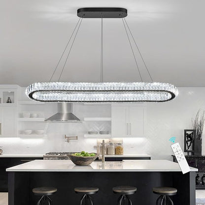 LED Oval Ring Chandelier Crystal Pendant Lighting for Dining Table Kitchen Island Remote Dimmable Hanging Light Chandeliers for Entryway Living Room Lights Black