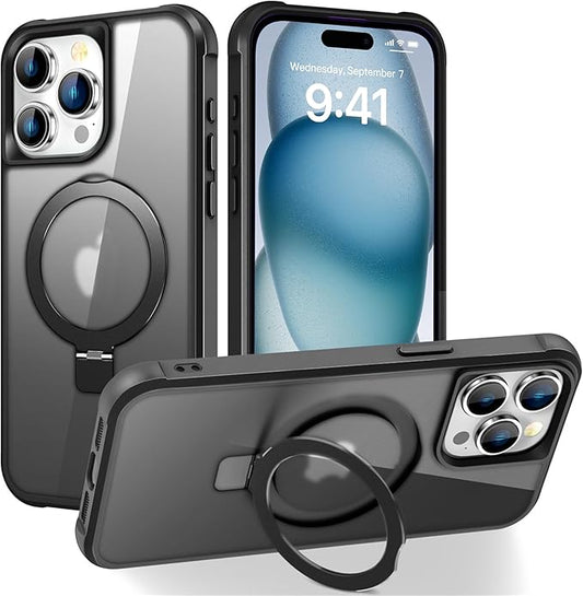 Compatible with iPhone 15 Pro Max Case with Invisible Magnetic O-Ring Stand Military-Grade Translucent Case for iPhone 15 ProMax 6.7" [Compatible with Mag-Safe][Great Grip Feeling], Black