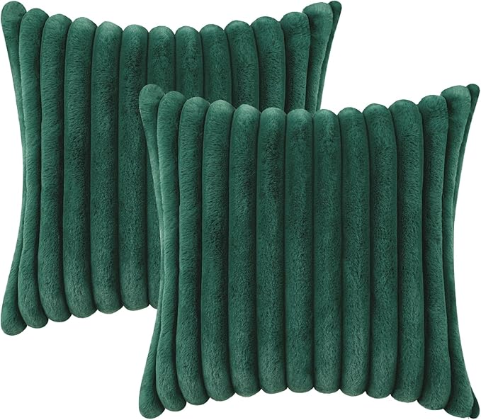 decorUhome Faux Fur Spring Throw Pillow Covers 18x18 Set of 2, Decorative Soft Plush Striped Neutral Couch Pillow Covers with Velvet Back for Sofa, Bed, Living Room Home, Christmas Green
