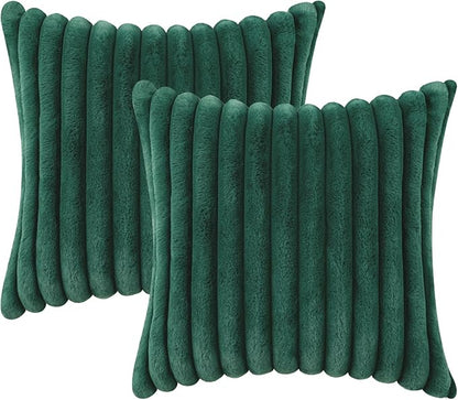 decorUhome Faux Fur Spring Throw Pillow Covers 18x18 Set of 2, Decorative Soft Plush Striped Neutral Couch Pillow Covers with Velvet Back for Sofa, Bed, Living Room Home, Christmas Green