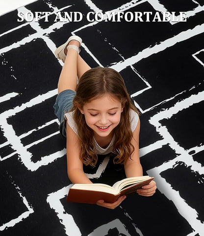 YIHOUSE Black Modern Geometric Area Rug 8x10, Black and White Rug with Abstract Rectangular Patterns,Non-Shedding Washable Rugs for Bedroom, Home Office and Living Room