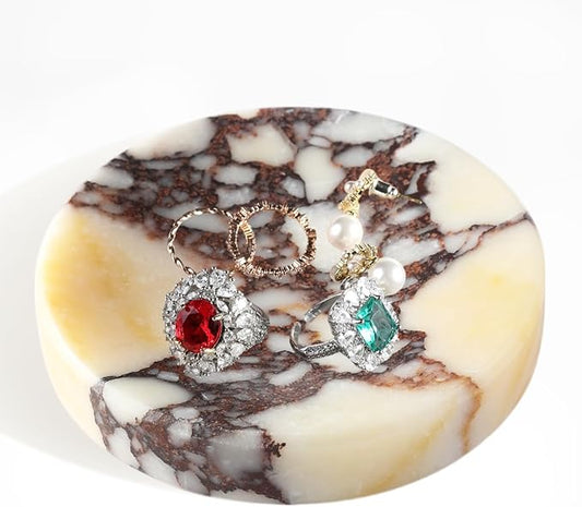 Koville Luxury Italy Calacatta Viola Marble Jewelry Dish, Small Round Trinket Dish for Ring Necklace Earring, 4" Decorative Tray, Aesthetic Home Table Marble Decor
