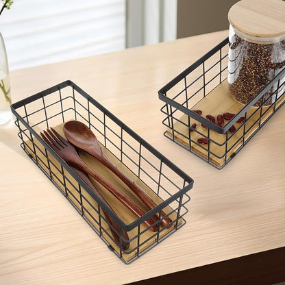 Set of 2 Small Wire Baskets, Narrow Black Metal Storage Bins for Bathroom Counter & Kitchen, Farmhouse Rustic Organizer Trays for Pantry, Office, RV, Countertop Decoration
