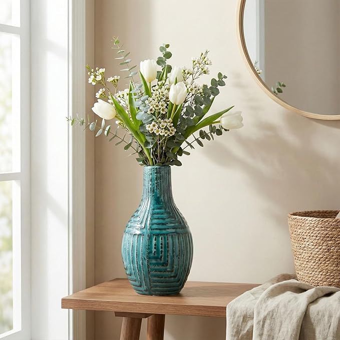 hjn Teal Hand-Glazed Ceramic Vase - 9.4" H Modern Decorative Centerpiece Vase for Fresh/Dried Flowers, Home Decor for Living Room Bookshelf Mantel | Wedding Housewarming Gift