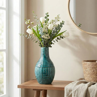 hjn Teal Hand-Glazed Ceramic Vase - 9.4" H Modern Decorative Centerpiece Vase for Fresh/Dried Flowers, Home Decor for Living Room Bookshelf Mantel | Wedding Housewarming Gift