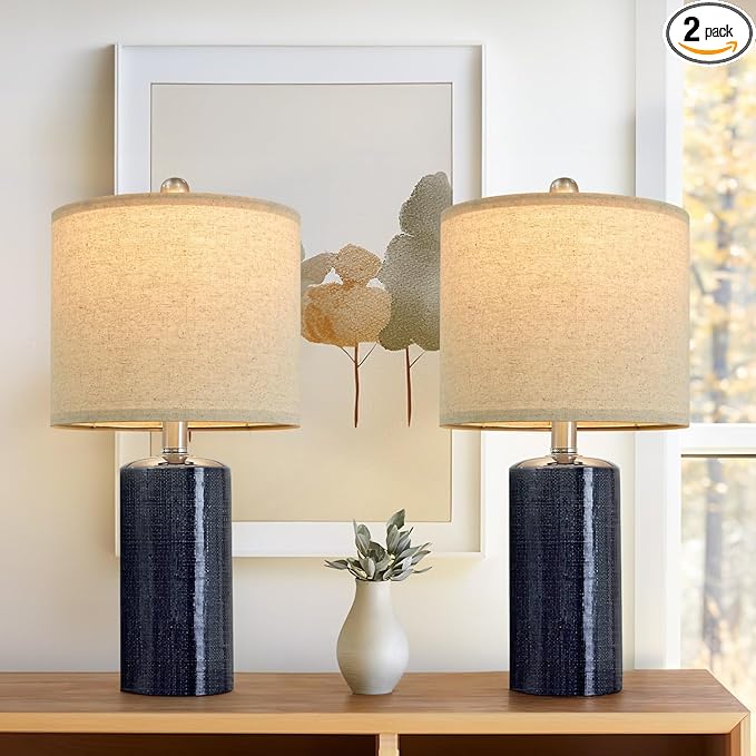 20.25" Small Table Lamps Set of 2 Modern Ceramic Lamps for Living Room Farmhouse Bedside Lamps Boho for Night Stands Bedroom Lamps Side Table Lamps End Table Lamps, Blue