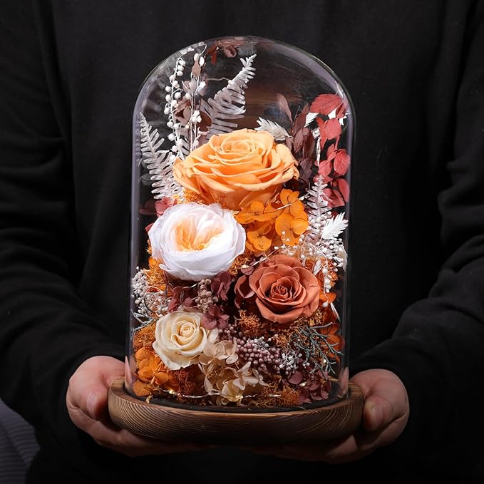 Flowers for Delivery Prime Preserved Flowers Rose in Glass Dome,Orange Rose Forever Flowers Birthday Gifts for Women Mom Grandma Friend Thanksgiving Gifts for Her,Home Decor