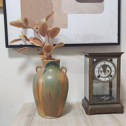 Terracotta Pottery - 10" Unique Decorative Farmhouse Vase with Handle, Green Glazed Earth Yellow Boho Neutral vase Home Decor, Vintage Ceramic Flower vases for Living Room, Kitchen Decor