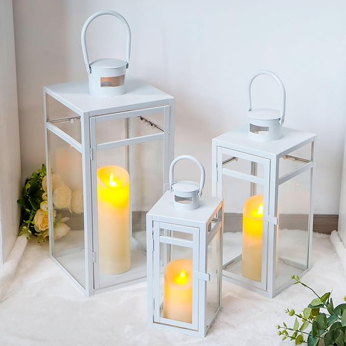 TRIROCKS Metal Candle Lantern Set of 3 - Assorted Sizes (12/15/19 Inch) - Tall Metal Hanging Lanterns with Tempered Panels Indoor & Outdoor Home Decor for Christmas Parties & Events - White Finish