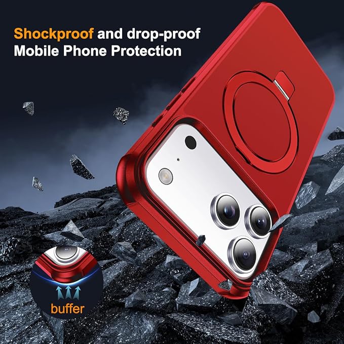 Compatible with iPhone 17 Pro Case with Invisible Magnetic O-Ring Stand Military-Grade Phone Case for iPhone 17 Pro 6.3" [Compatible with Mag-Safe][Great Grip Feeling], Red