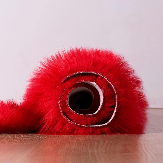 Faux Fur Rug 2 x 6 ft Red Shaggy Sheepskin Machine Washable Fuzzy Area Rug Super Soft Fluffy Plush Carpet for Bedroom Living Room Floor Nursery Kids Room Runner Bedside Rug