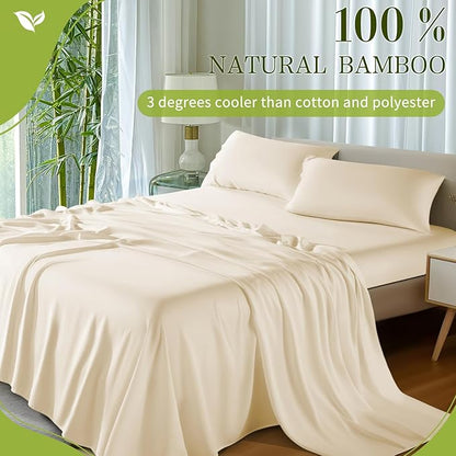 Shilucheng 100% Viscose Derived from Bamboo_ Sheets Cal King Size 4pcs - Ultra Cooling & Silky Soft Bed Sheets, 16" Deep Pocket, Perfect for Hot Sleepers, Hotel Bedding Sheets (Beige)
