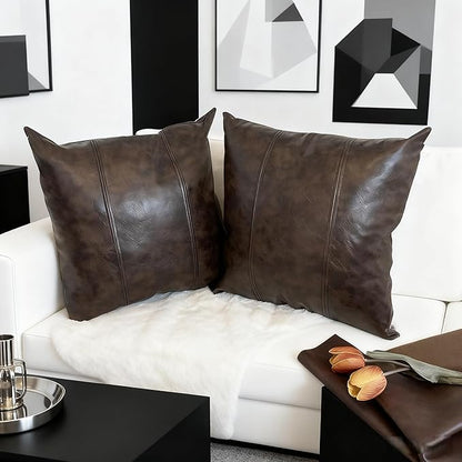 Faux Leather Throw Pillow Cover 24X24 Inch Set of 2 Outdoor Modern Farmhouse Solid Decorative Pillow Covers for Room Couch Living Bedroom Bed Sofa