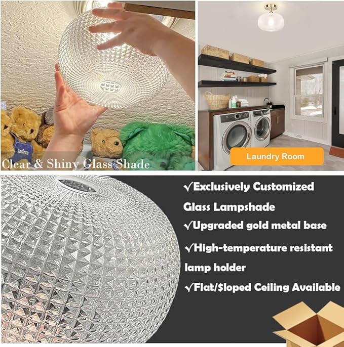 Semi Flush Mount Ceiling Light Fixture,Hallway Light Fixtures,Bathroom Light Fixtures,Gold Lighting Fixture,Globe Glass Light Fixture,Closet Light Fixture,Vintage Ceiling Lamp for Bedroom Kitchen