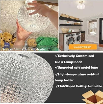 Semi Flush Mount Ceiling Light Fixture,Hallway Light Fixtures,Bathroom Light Fixtures,Gold Lighting Fixture,Globe Glass Light Fixture,Closet Light Fixture,Vintage Ceiling Lamp for Bedroom Kitchen