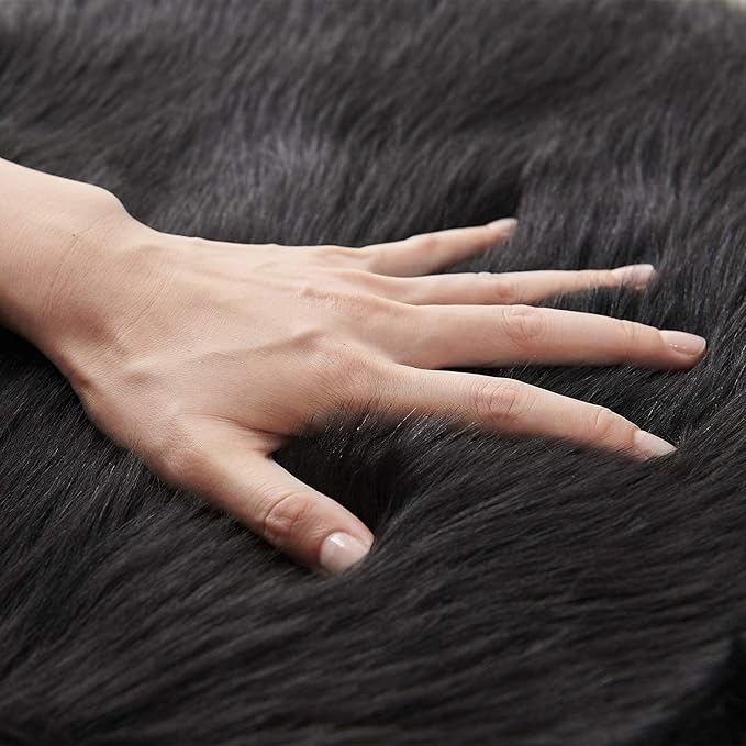 SERISSA Ultra Soft Fluffy Rug Black Faux Sheepskin Fur Area Rug Shaggy Couch Cover Seat Cushion Furry Carpet Beside Rugs for Bedroom Floor Sofa Living Room Runner 2x6 Feet Black