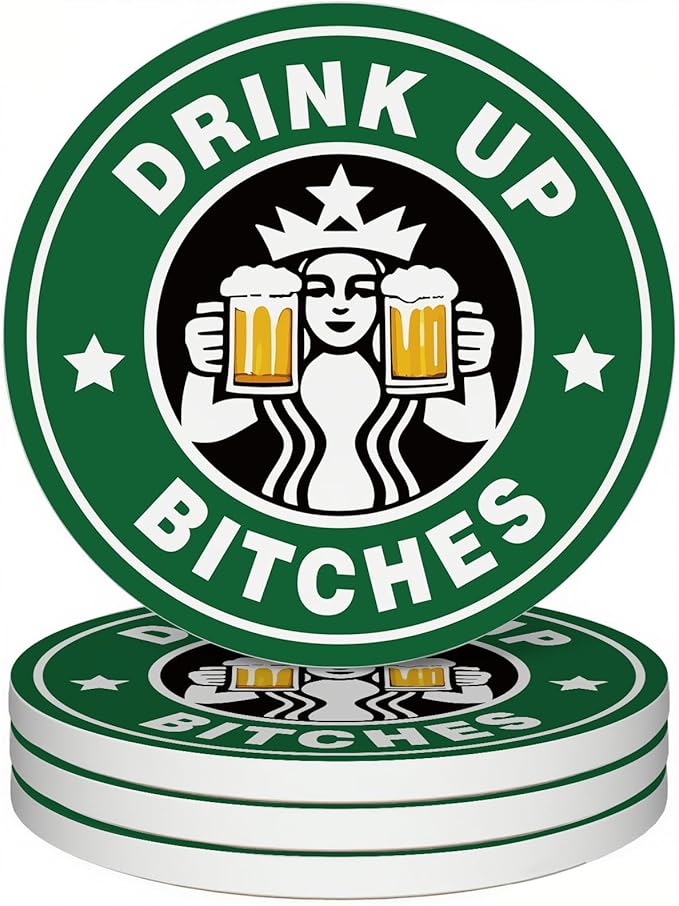 zcyhtqp, Drink up Bxxches, Funny Absorbent Round Ceramic Stone Coasters Set of 4 with Cork Base, Funny Bar Coasters, Sisters Gift, Gifts for Home, Kitchen, Bar, Office Table Décor
