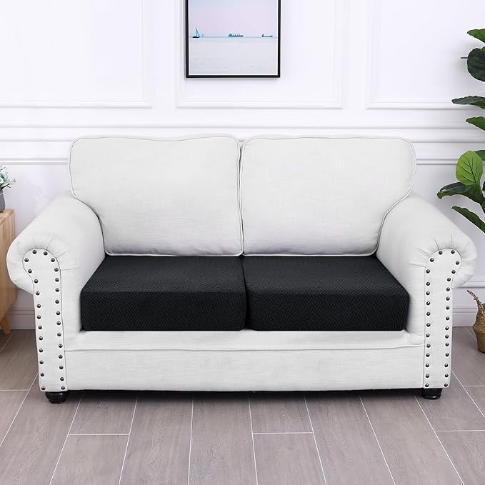 Smiry Waterproof Couch Cushion Covers, Stretch Jacquard Thick Sofa Cushion Covers, Washable Seat Slipcover Elastic Furniture Protector for Pets, Kid (2PC, Black)