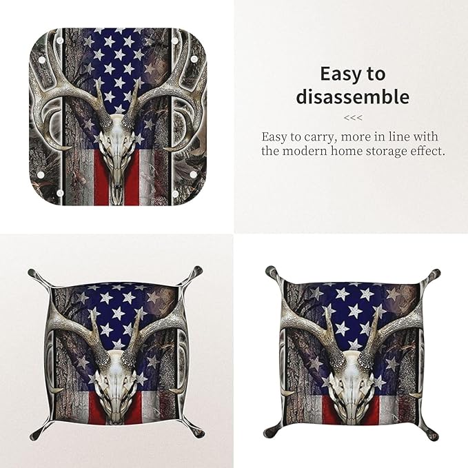 Valet Tray for Men Husband Boyfriend – Catchall Bedside Vanity Tray, Nightstand Caddy Leather Holder for Keys, Phone, Wallet, Coins, Trinkets & Jewelry Deer Skull Camo American Flag 022