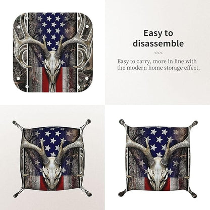 Valet Tray for Men Husband Boyfriend – Catchall Bedside Vanity Tray, Nightstand Caddy Leather Holder for Keys, Phone, Wallet, Coins, Trinkets & Jewelry Deer Skull Camo American Flag 022