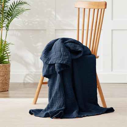 100% Cotton Muslin Blanket 50" x 60", Breathable and Lightweight Cotton Throw Blankets for Couch, Soft Cooling Summer Gauze Blanket for Adults All Season, Navy Blue