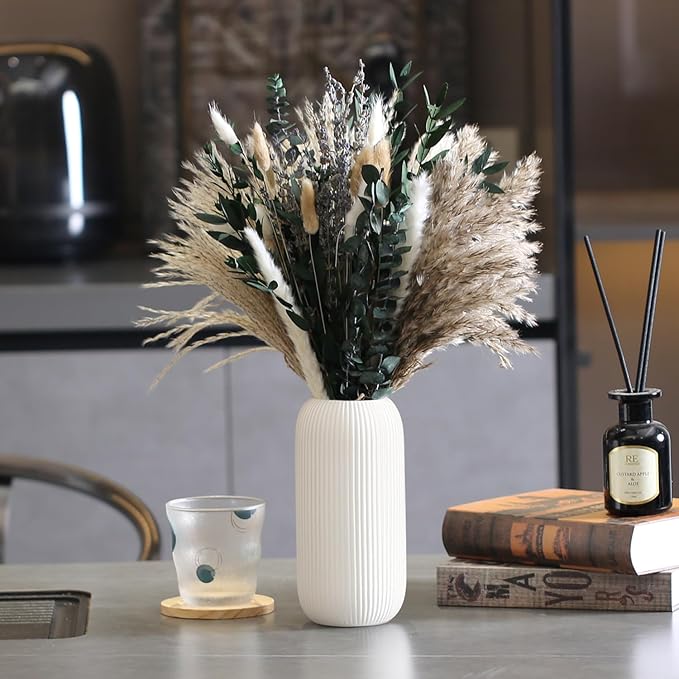 Bohemian White Ceramic Vase - for Pampas Grass, Mantel, Bookshelf, Entryway and Living Room Decor (White, 8in-Pill)
