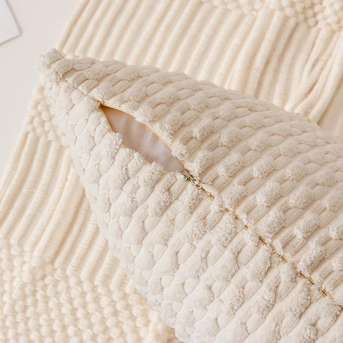 Kevin Textile 14x20 Inch Pillow Cover 1 Pack Boho Decorative Soft Striped Corduroy Lumbar Farmhouse Solid Color Accent Rectangle Cushion Case for Living Room Couch Sofa Bed, Cream White