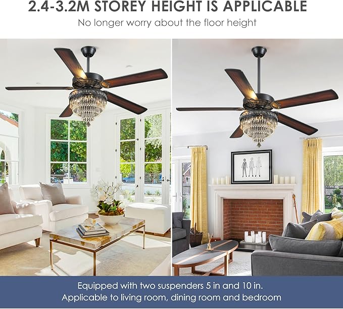 Asyko Crystal Ceiling Fan Fandelier with Lights - Modern Outdoor Fans with Remote Control，Noiseless DC Motor, Retro/Farmhouse Lighting, Dining Room， Living Room (62")