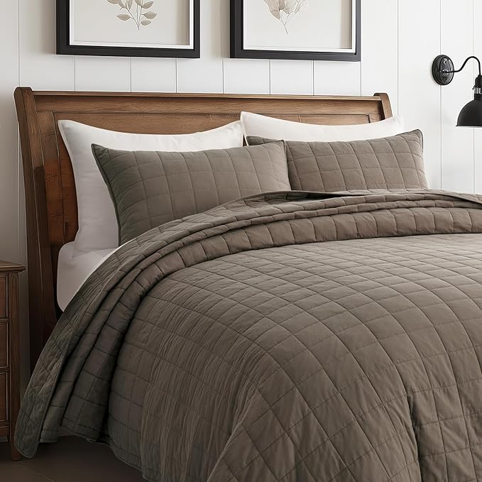 EVERGRACEHOME 100% Cotton Box Stitch Quilt Bedding Set King Size 3 Pieces, Garment-Washed Lightweight Soft Cozy Coverlet, Oversized Quilted Bedspread Sets with 2 Shams for All Season, Mocha Brown
