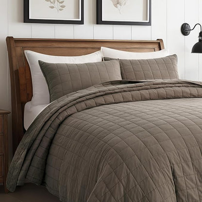 EVERGRACEHOME 100% Cotton Box Stitch Quilt Bedding Set King Size 3 Pieces, Garment-Washed Lightweight Soft Cozy Coverlet, Oversized Quilted Bedspread Sets with 2 Shams for All Season, Mocha Brown
