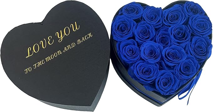 Preserved Roses Heart Shape Box Valentines Day Gifts for Her Mothers Day Forever Flowers (Blue, 16 Roses)