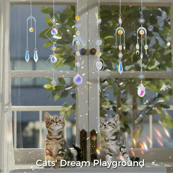 suddus 6pcs Silver Suncatchers Crystal Prism, Christmas Rainbow Maker Pendants, Sun Catcher Hanging for Window, Home, Garden, Cat, Thanksgiving Day, Party, Wedding Decoration