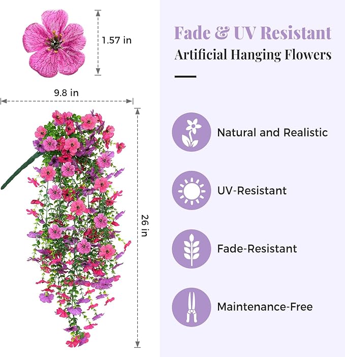 2 PCS Artificial Hanging Flowers for Outdoors Decorations, Spring Summer Realistic Silk Daisy with Eucalyptus, UV Resistant Faux Plants for Patio Home Decor Window Box (Rose Red&Light Purple)