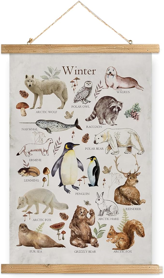 XIAOAIKA Winter Wildlife Educational Poster - Illustrated Arctic Animals Chart with Wooden Frame - Seasonal Nature Wall Art for Classroom, Home, or Nature Center 16 x 23 Inches