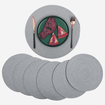 6Pcs Woven Placemats, Gray Cotton Rope Woven Vintage Place Mats, 13.8 Inch Round Plate Chargers Wicker Tablemats Farmhouse Boho Braided Heat Resistant Outdoor Placemat for Patio Table Decor