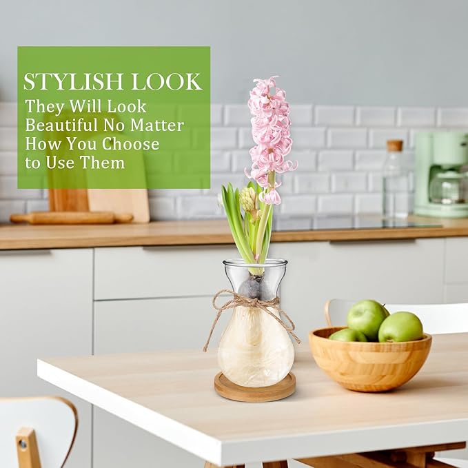 Bulb Glass Vases for Flowers Forcing Hyacinth Clear Decorative Bulb Vase with Round Bamboo Coaster for Home Office Table Decoration(8 Pcs)