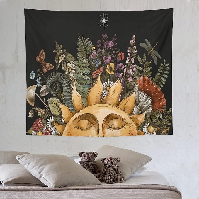 Vintage Sun Tapestry Wall Hanging,Hippie Boho Mushroom Floral Plant Tapestries for College Dorm Living Room Bedroom Decor(50"x60")