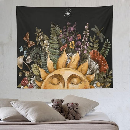Vintage Sun Tapestry Wall Hanging,Hippie Boho Mushroom Floral Plant Tapestries for College Dorm Living Room Bedroom Decor(50"x60")