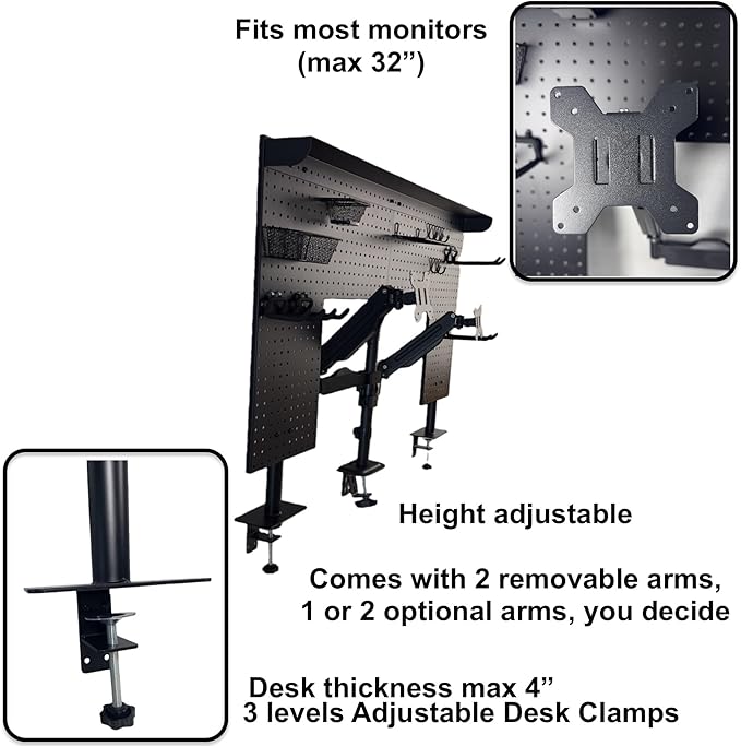 Studio Desk Pegboard with 2 Monitor Mounts Gas Spring Adjustable Arms, Work Bench 47 x 31 inch Heavy Duty Steel Stand Pegboard-Table Shelf Organizer for Workshop, Gaming and Live Streaming Accessories