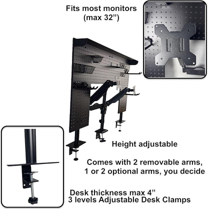 Studio Desk Pegboard with 2 Monitor Mounts Gas Spring Adjustable Arms, Work Bench 47 x 31 inch Heavy Duty Steel Stand Pegboard-Table Shelf Organizer for Workshop, Gaming and Live Streaming Accessories