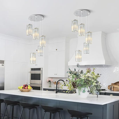 Chrome Pendant Lighting Modern Pendant Light, Mini Crystal Chandeliers,Adjustable Pendant Light Fixture for Kitchen Island Dinning Room Corridor Bedroom(Chrome 5-Light)