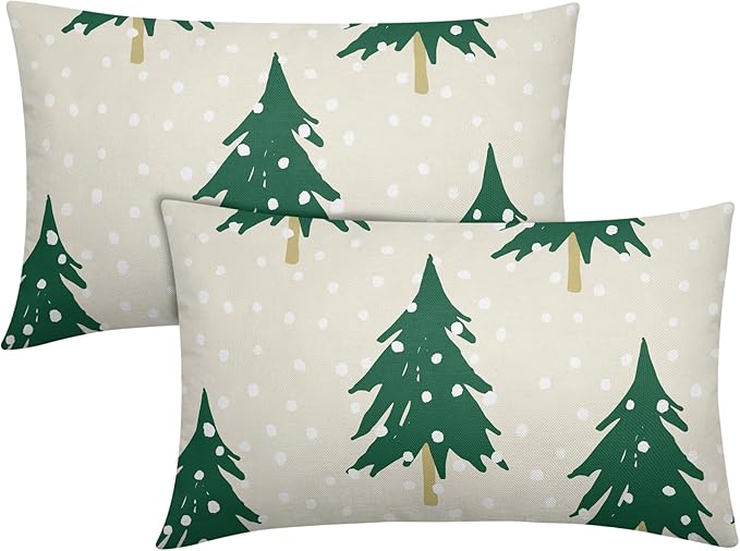 Christmas Tree Lumbar Pillow Covers 12x20 Set of 2 Green Beige Xmas Snow Pattern Rustic Decorative Outdoor Farmhouse Pillowcases Decorations Winter Holiday Throw Cushion Cover Decor for Couch Sofa Bed