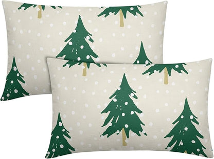 Christmas Tree Lumbar Pillow Covers 12x20 Set of 2 Green Beige Xmas Snow Pattern Rustic Decorative Outdoor Farmhouse Pillowcases Decorations Winter Holiday Throw Cushion Cover Decor for Couch Sofa Bed