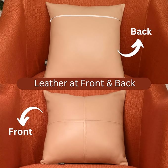 LL LEATHER LOVERS Lambskin Leather Pillow Cover, Hand Panel Stitched Leather Decorative Throw Pillow Covers for Couch Sofa Bed Living Room Garden (14x14 Inches, Beige Pack of 1)