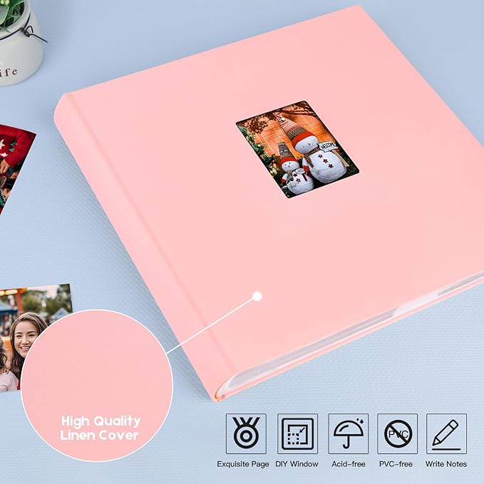 Photo Album 4x6 600 Photos with Writing Space,4 x 6 Photo Book Linen Cover with Front Window, 4x6 Picture Album 600 Photos Photo Album Book for Wedding Kids Travel Family Baby Pictures (Pink)