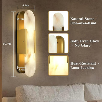 Set of 2, 19.7" Brass Alabaster Wall Sconces, Hardwired Indoor Lights, Natural Alabaster Stone Shade, Modern Oval Vanity Lighting for Bedroom, Bathroom, Hallway, Stairs