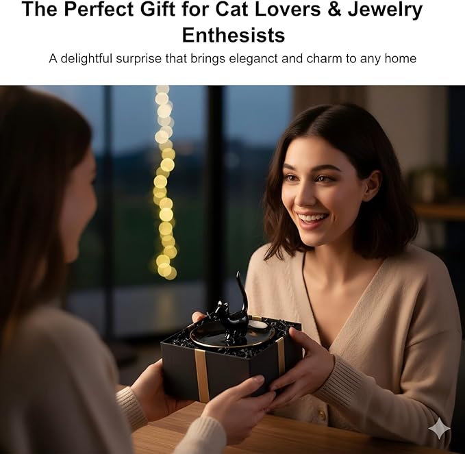 ROSA&ROSE Cat Ring Holder Trinket Tray Ceramic Jewelry Dish Porcelain Ring Organizer Gift for Women, Girlfriend or Valentine's Day (Black)