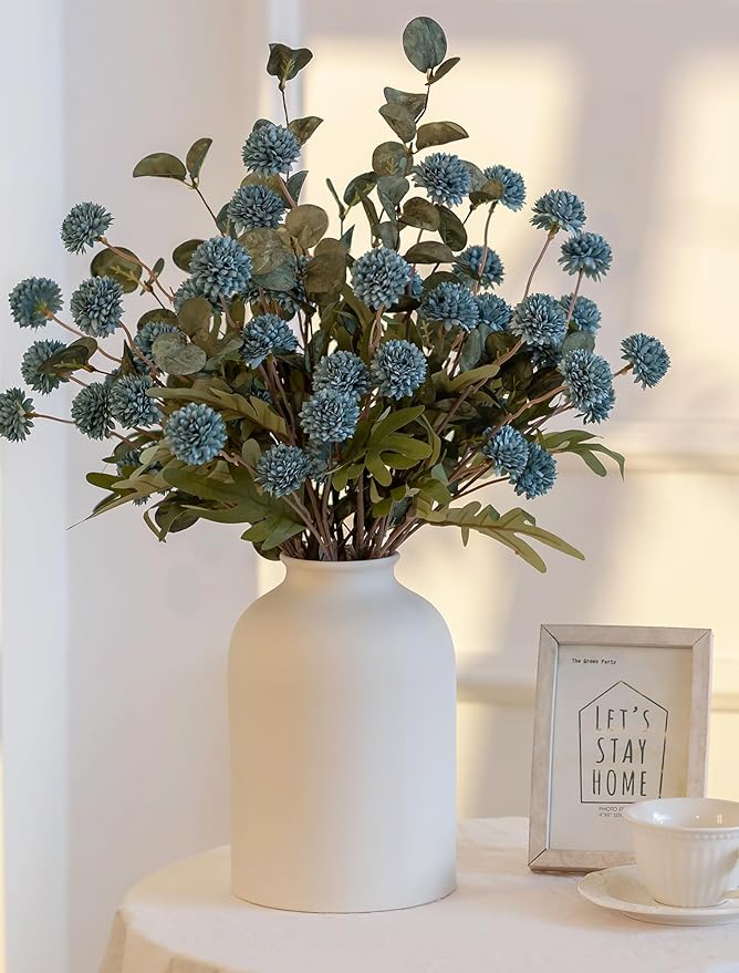 BLOSMON Blue Flowers Artificial for Decoration: Ceramic Vase with 12 Stems of Dusty Blue Flowers Fake Mums Kiku Eucalyptuses for Home Table Centerpieces - Faux Pom Poms Floral Arrangement Dining Room